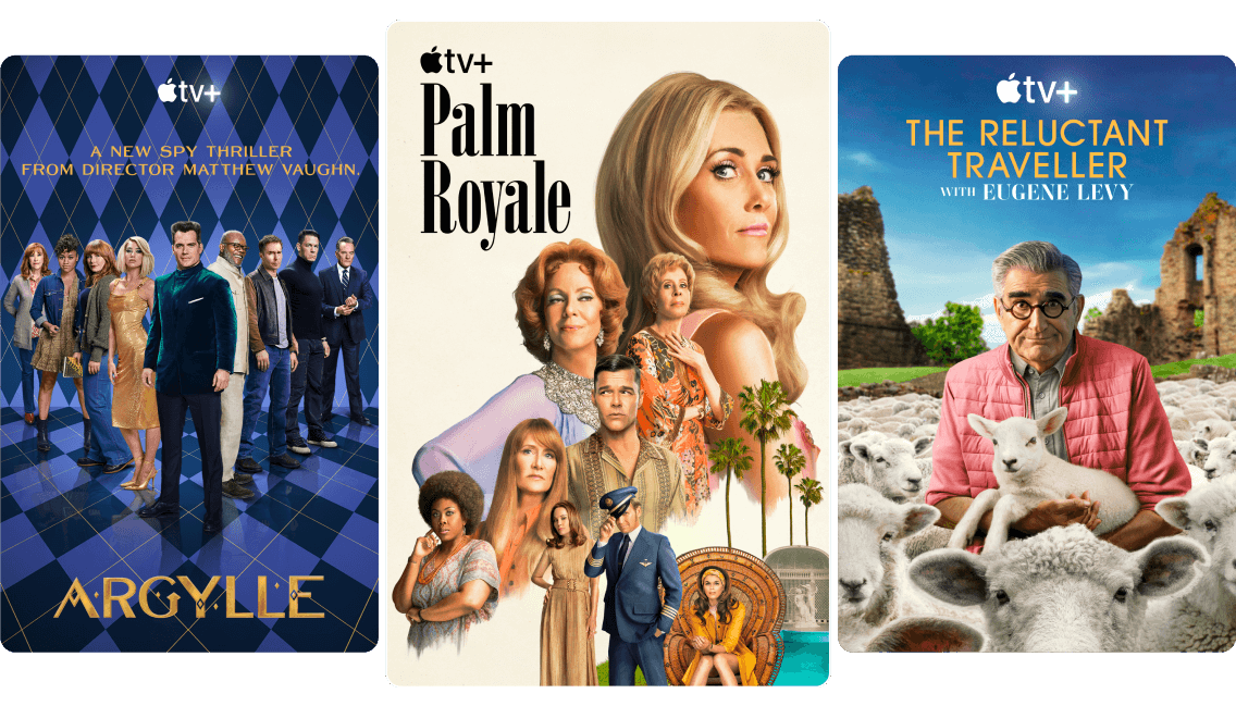 Affiches des films et séries d’Apple TV+ Argylle, Palm Royale et The Reluctant Traveller avec Eugene Levy.