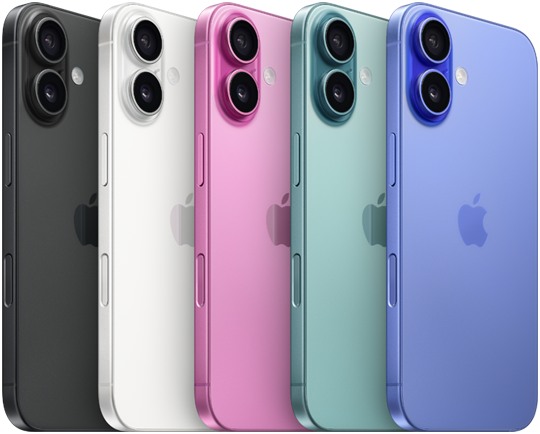 iPhone 16, vue arrière, système avancé à deux caméras surélevé, logo Apple au centre, les cinq finis disponibles : noir, blanc, rose, sarcelle et bleu outremer