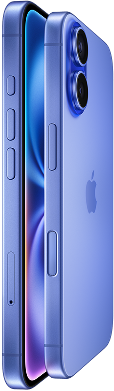 Two iPhone 16 devices, side exterior, stacked facing each other in Ultramarine finishes, volume buttons, Action button, Side button, Camera Control button, Apple logo in centre, raised Advanced dual-camera system